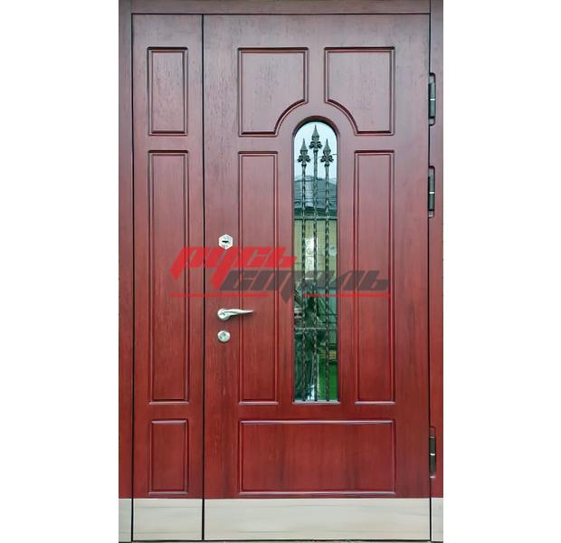 входная дверь ДКТЖ-3 в коттедж с боковой вставкой, ковкой и стеклом